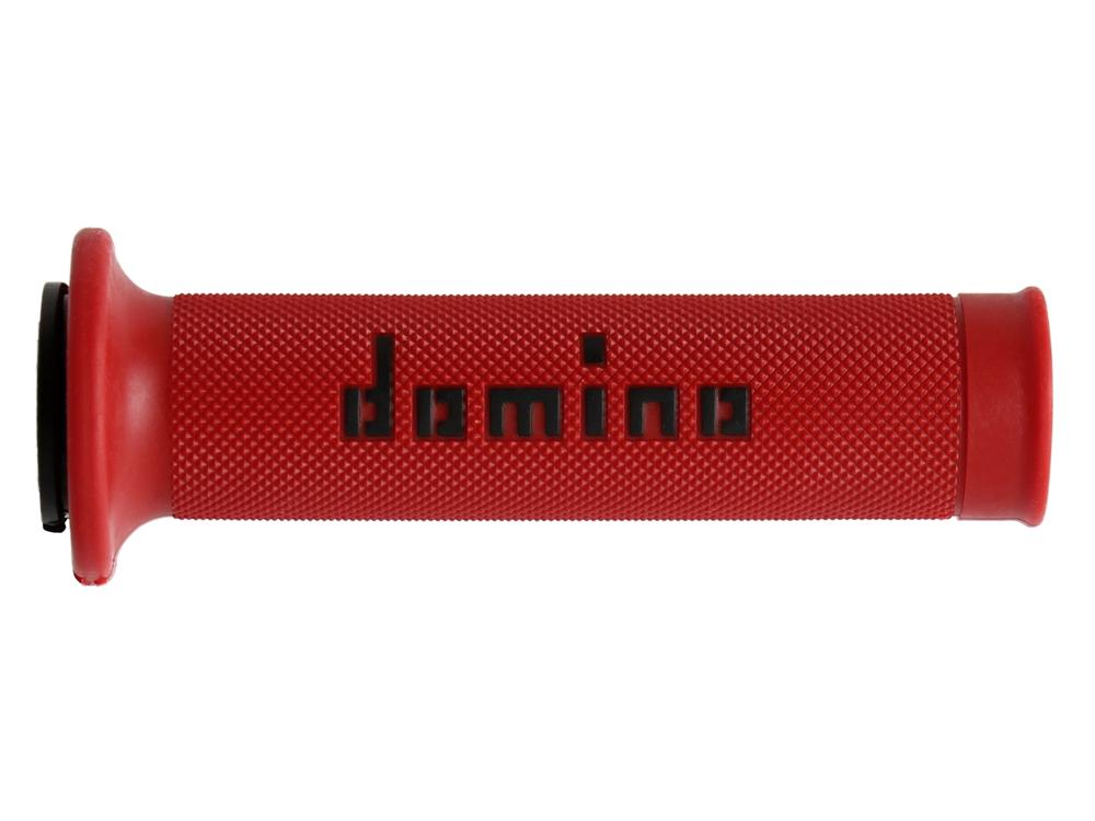 Punainen kumeerattu mopo-varaosan kahva, jossa musta domino-logo ja kuvioitu otealue.