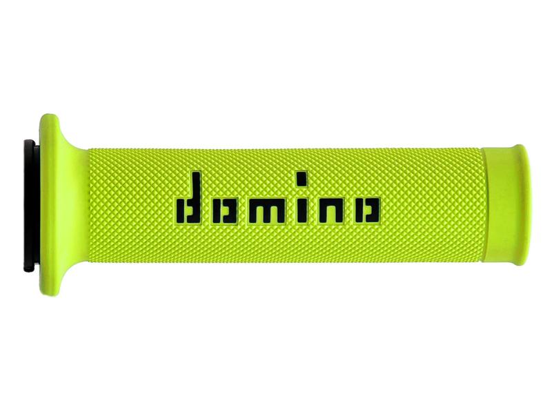 Neonkeltaiset Domino A010 Racing Gripit mopo- ja varaosaan, musta logo.