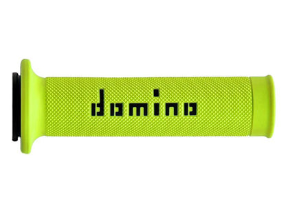 Neonkeltaiset Domino A010 Racing Gripit mopo- ja varaosaan, musta logo.