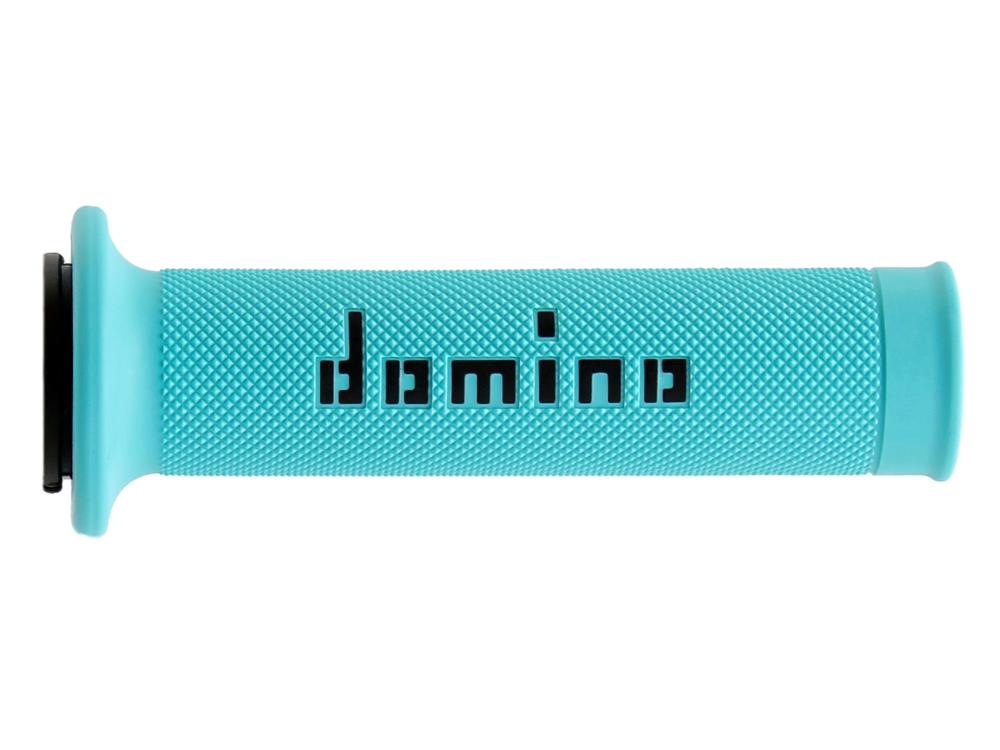 Vaaleansininen mopo-ohjaustankoote, teksturoitu pinta ja musta Domino-logo keskellä.